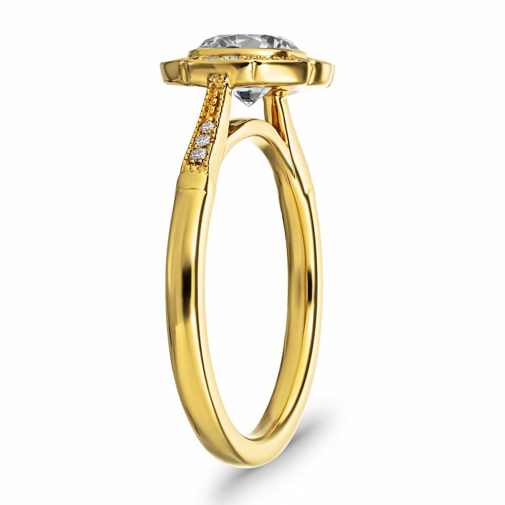 Shown with a 1ct Cushion cut Lab Grown Diamond in 14k Yellow Gold|Antique style engagement ring featuring floral style diamond halo with milgrain detailing and 1ct cushion cut lab grown diamond in 14k yellow gold