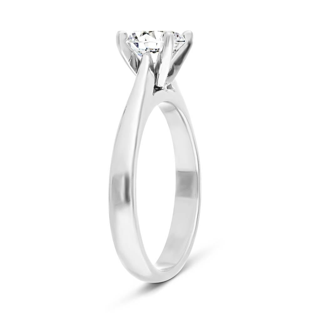Shown with 1ct Round Cut Lab Grown Diamond in 14k White Gold|Simple solitaire engagement ring with 1ct round cut lab grown diamond in 14k white gold