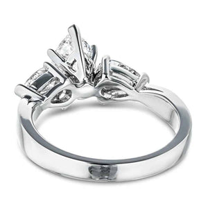 Three stone engagement ring with lab grown diamonds set in 14k white gold shown from back