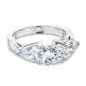 Celebrity inspired three stone engagement ring with round cut and pear cut lab grown diamonds in 14k white gold setting