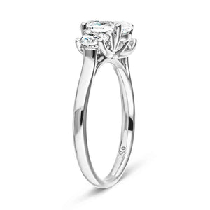 Unique three stone trellis set lab grown diamond engagement ring in white gold shown from side