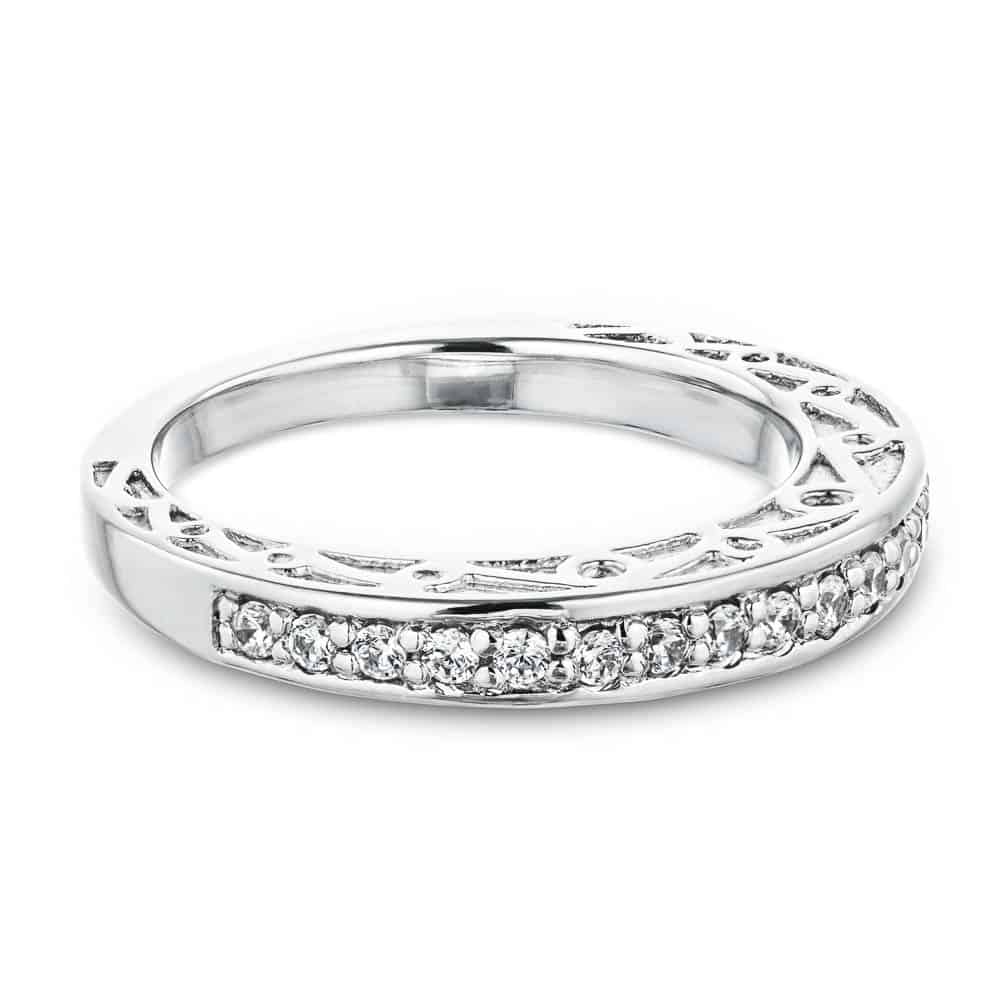 Julie Accented Wedding band with scroll detail and recycled diamonds in recycled 14K white gold 