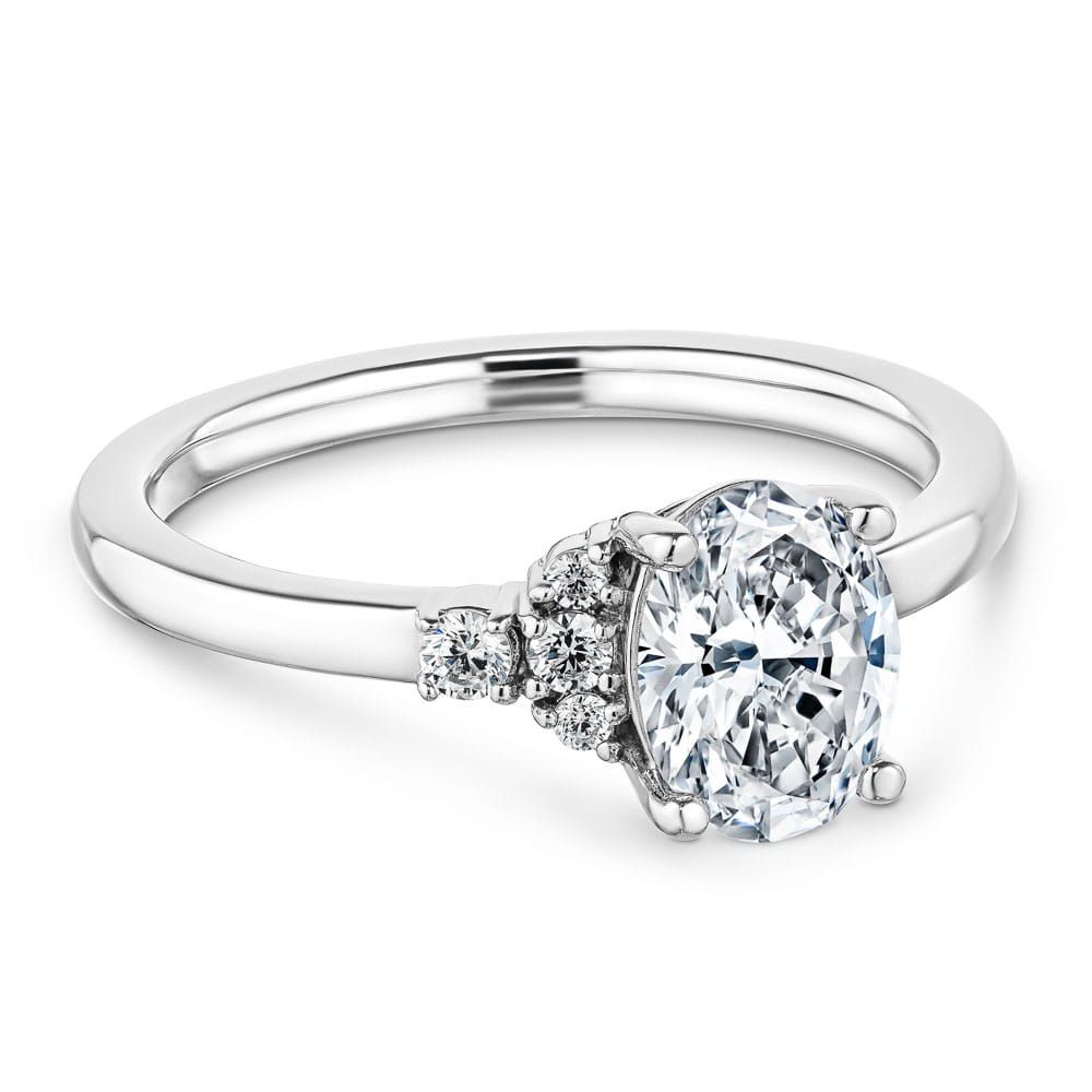 Shown with 1ct Oval Cut Lab Grown Diamond in 14k White Gold|Beautiful diamond accented asymmetrical ring with 1ct oval cut lab grown diamond in 14k white gold
