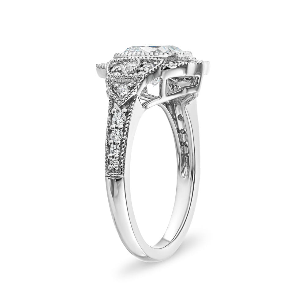 Shown with 1ct Cushion Cut Lab Grown Diamond in 14k White Gold|Unique antique style diamond accented halo engagement ring with 1ct cushion cut lab grown diamond in 14k white gold