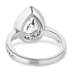 Celebrity inspired diamond accented halo engagement ring with 1ct pear cut lab grown diamond in 14k white gold shown from back