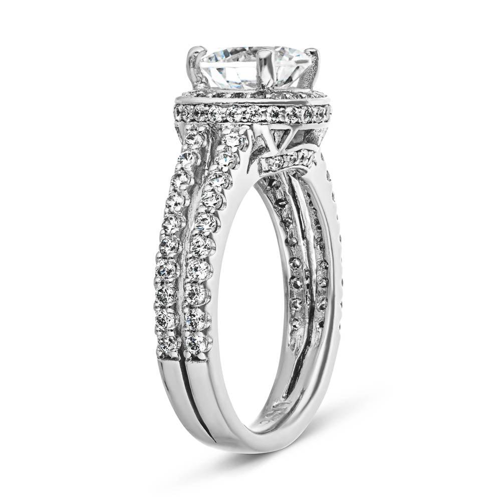 Shown with 1.5ct Round Cut Lab Grown Diamond in 14k White Gold|Antique style diamond accented split shank halo engagement ring with 1.5ct round cut lab grown diamond in 14k white gold