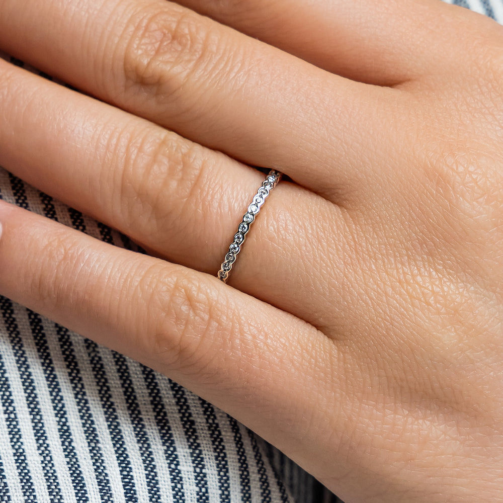 Lace Stackable Wedding Band with bezel set accented recycled diamonds in recycled 14K white gold | Lace Stackable Wedding Band bezel set accented recycled diamonds recycled 14K white gold