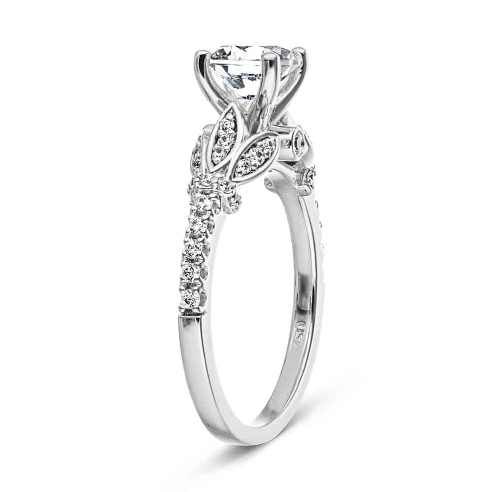 Shown with 1ct Round Cut Lab Grown Diamond in 14k White Gold|Nature inspired flower petal design engagement ring with accenting diamonds and a 1ct round cut lab grown diamond in 14k white gold