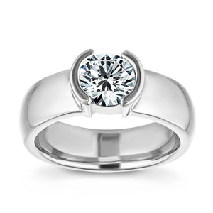 Sleek modern solitaire engagement ring with half bezel set 1ct round cut lab grown diamond in a wide 14k white gold band inspired by tiffany & co etoila