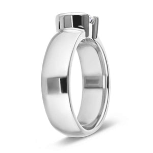 Modern solitaire engagement ring with half bezel set 1ct round cut lab grown diamond in 14k white gold shown from side