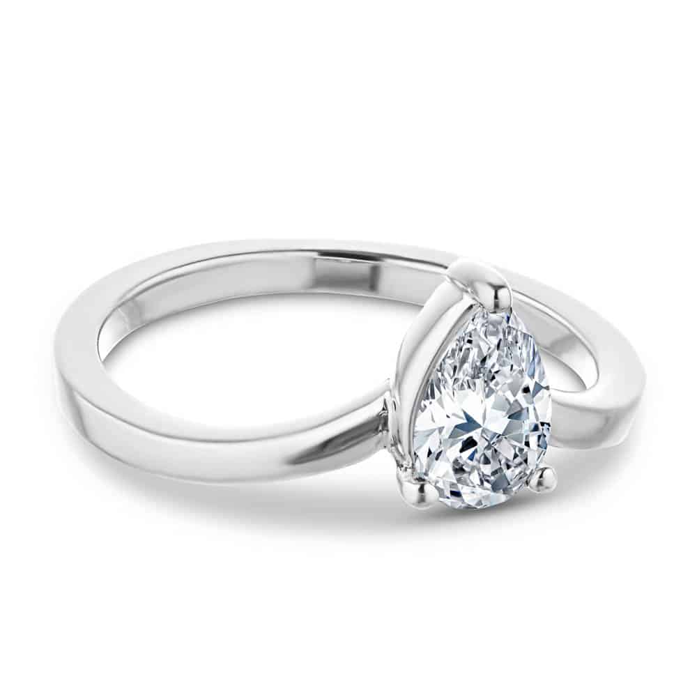 Shown with 1ct Pear Cut Lab Grown Diamond in 14k White Gold|Simple solitaire teardrop engagement ring with 1ct pear cut lab grown diamond in 14k white gold setting
