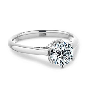Beautiful solitaire engagement ring with 6 prong set 1ct round cut lab grown diamond in 14k white gold crown style setting