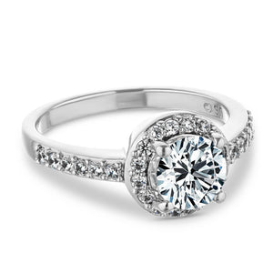 Unique channel set diamond accented halo engagement ring with 0.5ct round cut lab grown diamond in 14k white gold