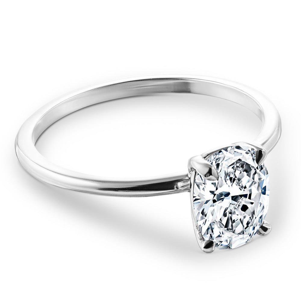 Shown with 1ct Oval Cut Lab Grown Diamond in 14k White Gold|Simple traditional solitaire engagement ring with 1ct oval cut lab grown diamond in 14k white gold band