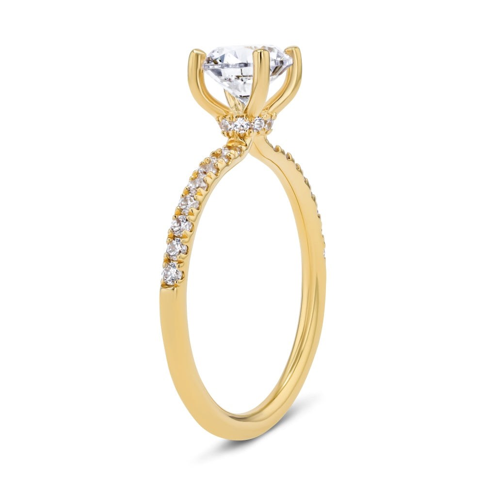 Shown here with a 1.0ct Round Cut Lab Grown Diamond center stone in 14K Yellow Gold|diamond accented engagement ring with a pinched hidden halo set with a 1 carat round cut lab grown diamond in 14k yellow gold metal