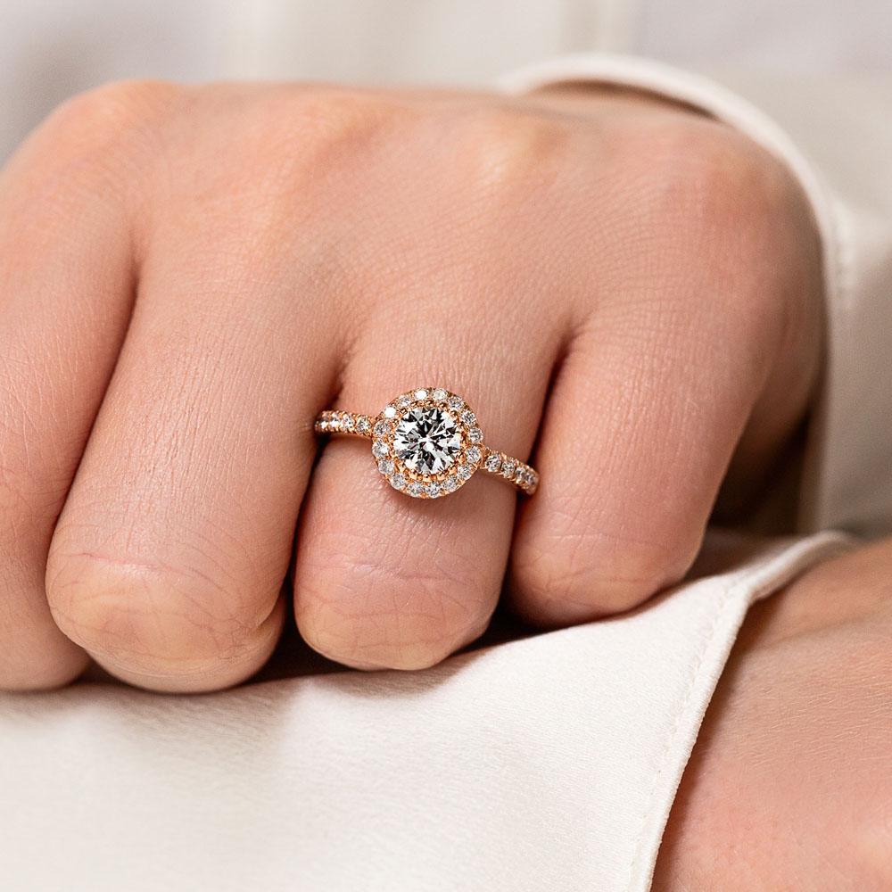 Shown with 1ct Round Cut Lab Grown Diamond in 14k White Gold|Beautiful ethical diamond accented halo engagement ring with 1ct round cut lab grown diamond in 14k white gold