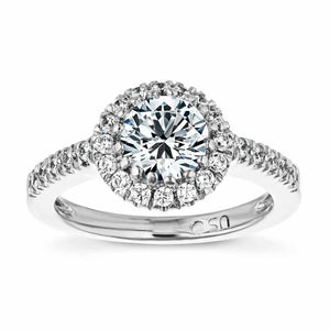 Gorgeous unique diamond accented halo engagement ring with 1ct round cut lab grown diamond in 14k white gold