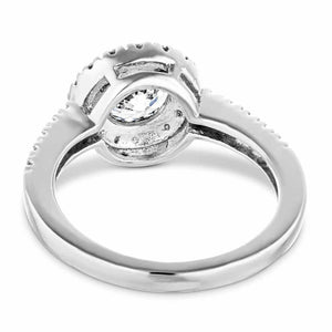 Diamond accented halo engagement ring with 1ct round cut lab grown diamond in 14k white gold shown from back