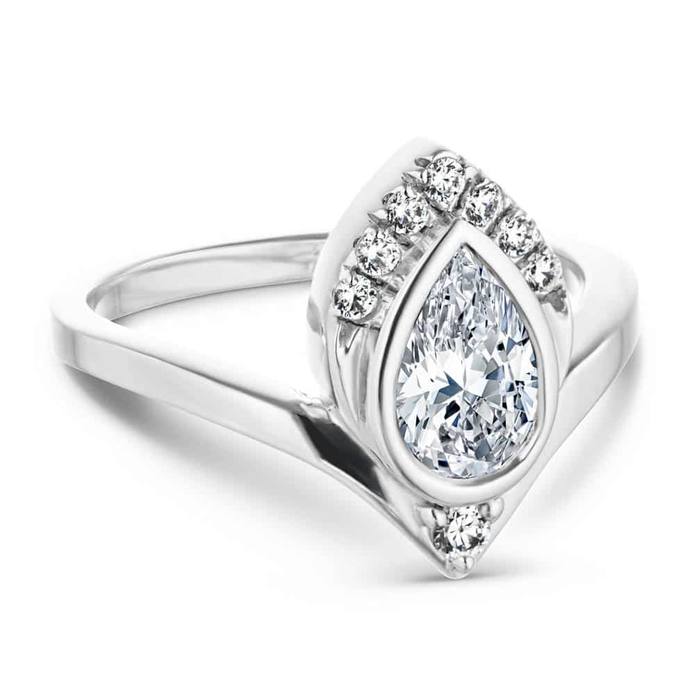 Shown with 1ct Pear Cut Lab Grown Diamond in 14k White Gold|Antique style diamond accented engagement ring with bezel set 1ct pear cut lab grown diamond in 14k white gold setting