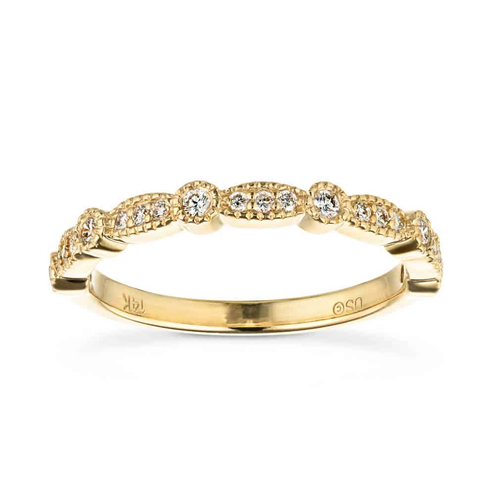 Diamond accented wedding band with filigree detail in recycled 14K yellow gold made to fit the Paris Engagement Ring 