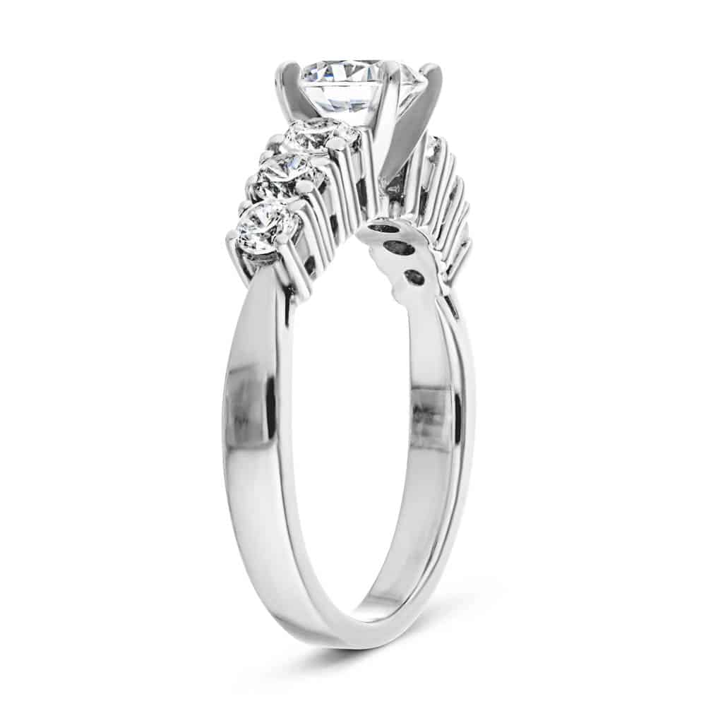 Shown with a 1.0ct Round cut Lab-Grown Diamond with six accenting stones on the band in recycled 14K white gold | engagement ring diamond accented Shown with a 1.0ct Round cut Lab-Grown Diamond with six accenting stones on the band in recycled 14K white gold