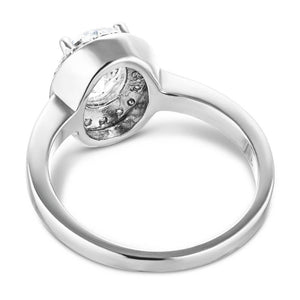 Diamond accented halo engagement ring with 1ct oval cut lab grown diamond in platinum band shown from back