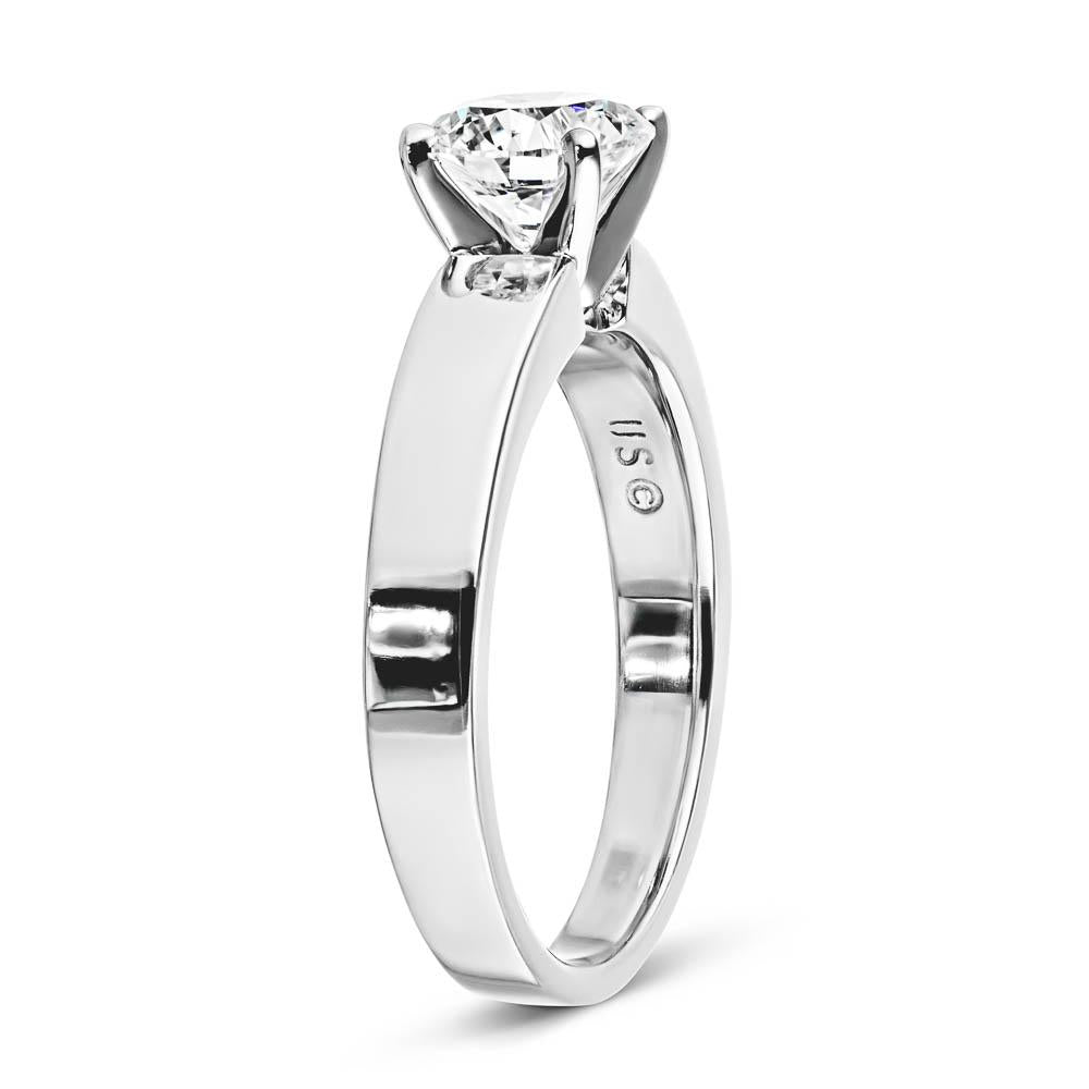 Shown with 1ct Round Cut Lab Grown Diamond in 14k White Gold|Modern minimalistic solitaire engagement ring with 1ct round cut lab grown diamond in thick 14k white gold band