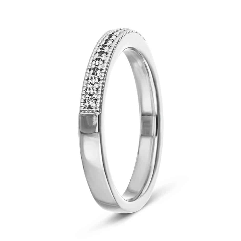 Quimby diamond accented wedding band with filigree detail in recycled 14K white gold made to fit the Quimby Engagement Ring 