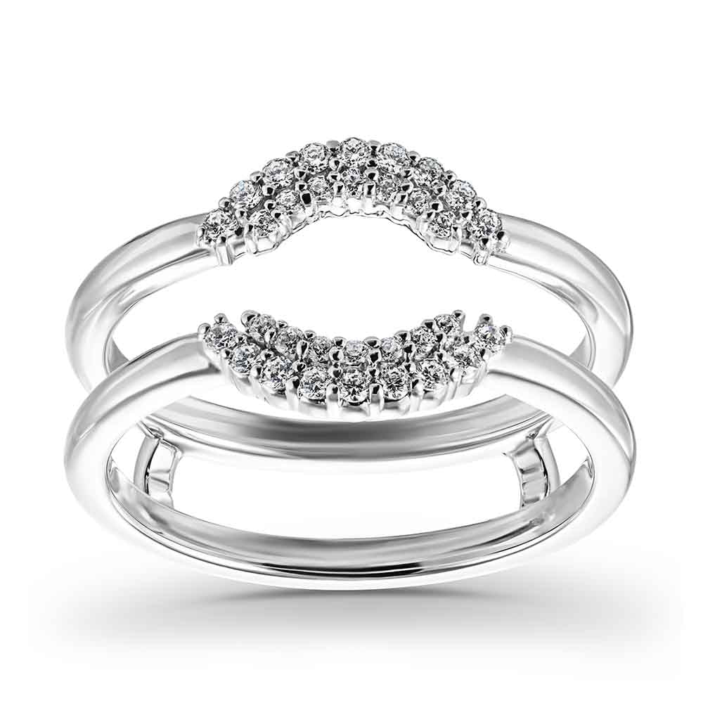 Shown in 14k White Gold|Dual diamond accented halo ring guard with 14k white gold bands