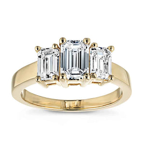 kim kardashian engagement ring replica with three emerald cut lab grown diamonds in 14k yellow gold setting