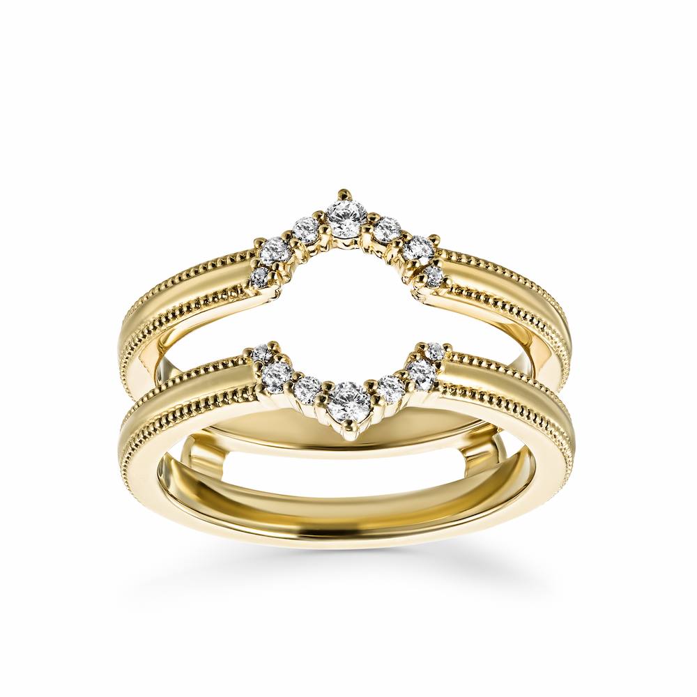 Shown in 14k Yellow Gold|Vintage style diamond accented dual connected band ring guard with lab diamonds and milgrain detailing in 14k yellow gold