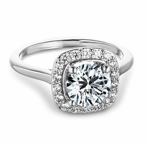 Unique vintage style cushion shape diamond halo engagement ring with 1.5ct round cut lab grown diamond in 14k white gold band