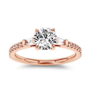 diamond accented engagement ring with round cut lab grown diamond center stone set in 14k rose gold metal