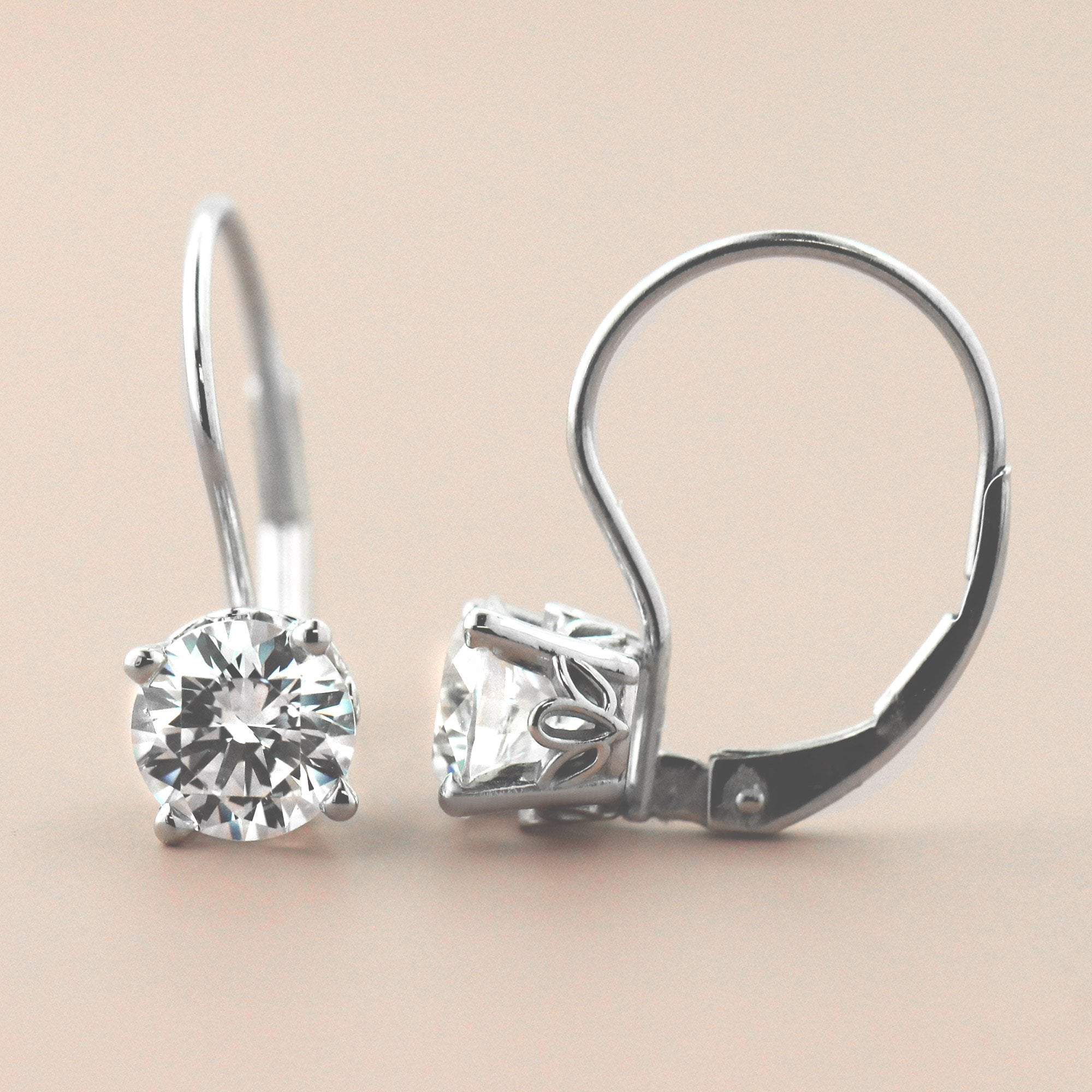 Scroll Drop Earrings in 14K white gold | scroll drop earring studs white gold round cut diamonds