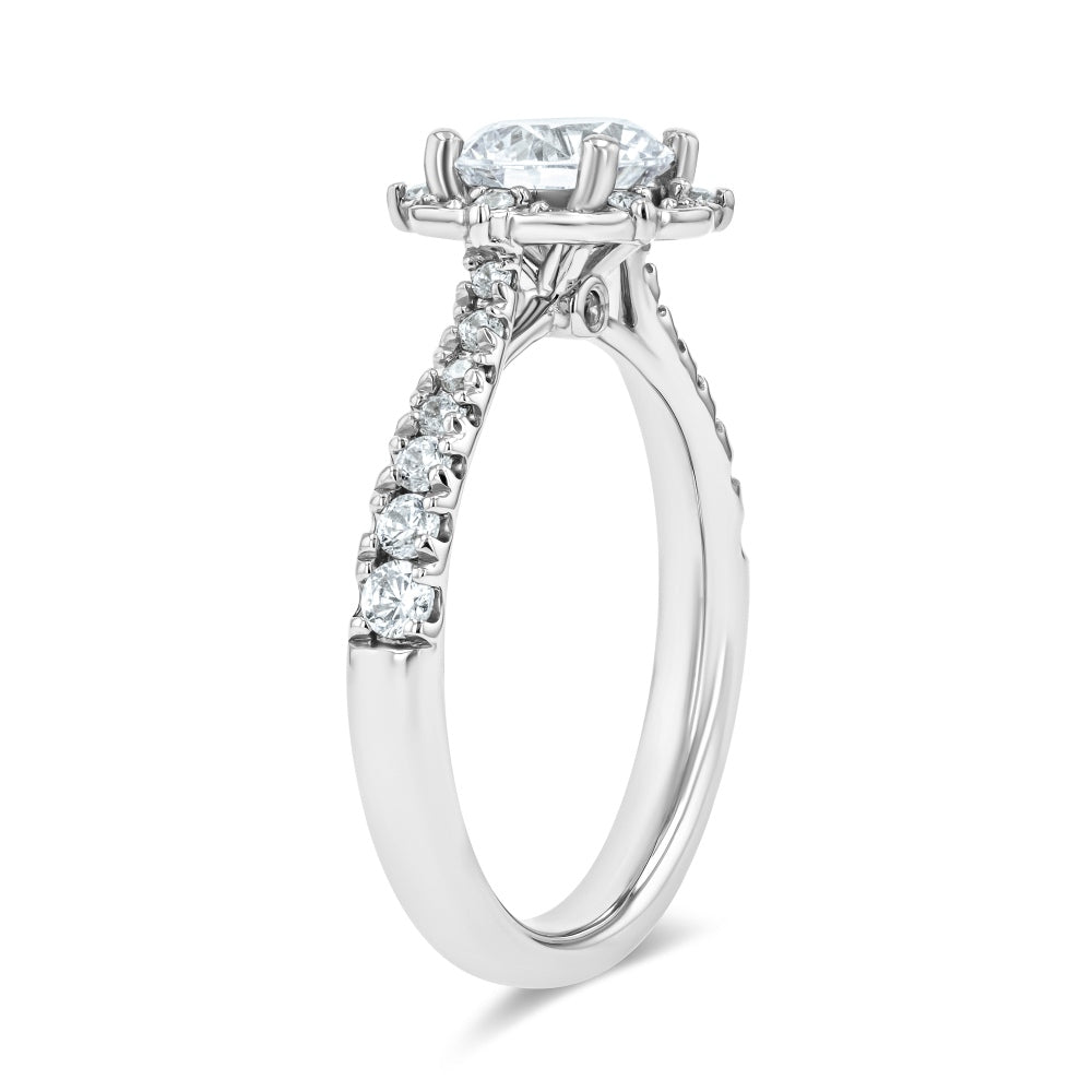 Shown here with a 1.0ct Round Cut Lab Grown Diamond center stone in 14K White Gold