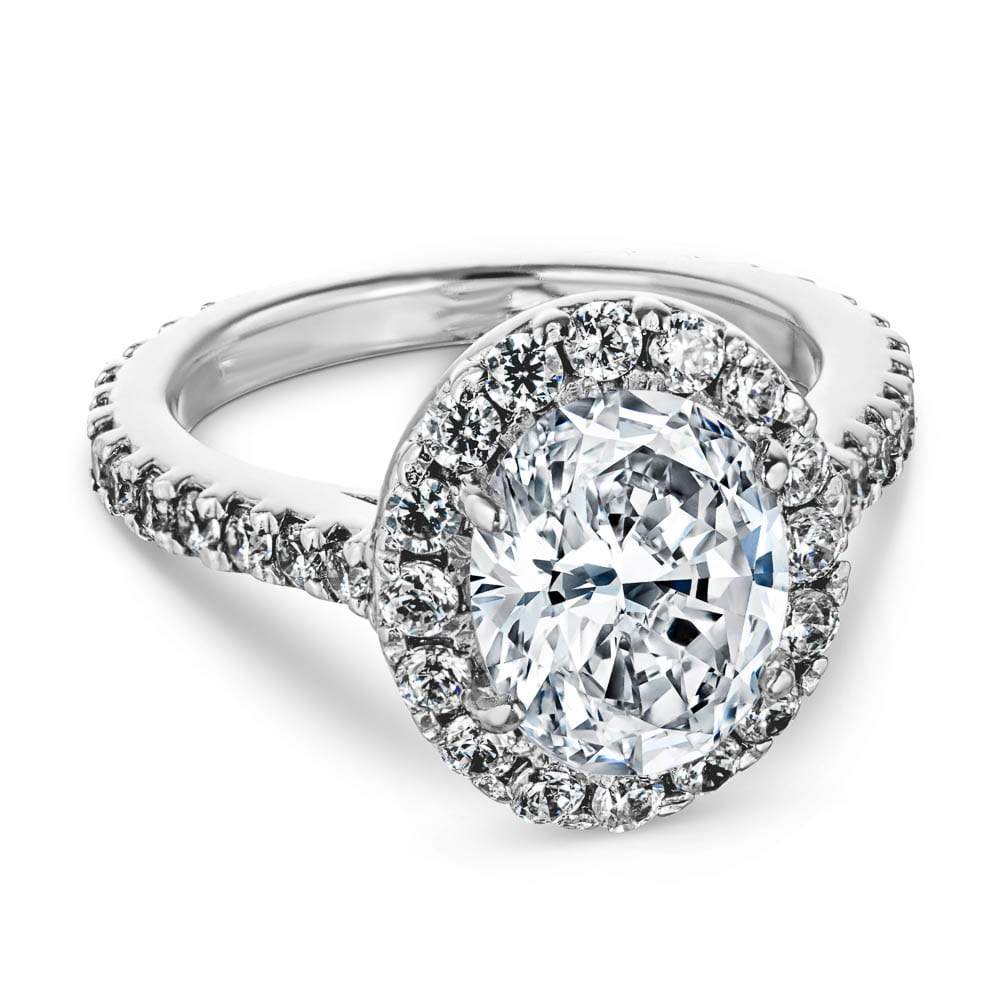 Shown with 2ct Oval Cut Lab Grown Diamond in 14k White Gold|Beautiful diamond accented halo engagement ring with 2ct oval cut lab grown diamond in 14k white gold setting inspired by tiffany & co Soleste