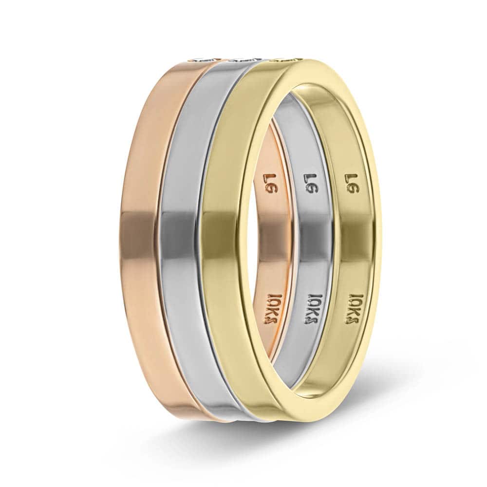 Fashion band with a 0.02ct Lab-Grown Diamond in recycled 10K rose gold, 10K white gold and 10K yellow can be purchased as a set for a discounted price | set Fashion band with a 0.02ct Lab-Grown Diamond in recycled 10K rose gold 10K yellow gold and 10K white