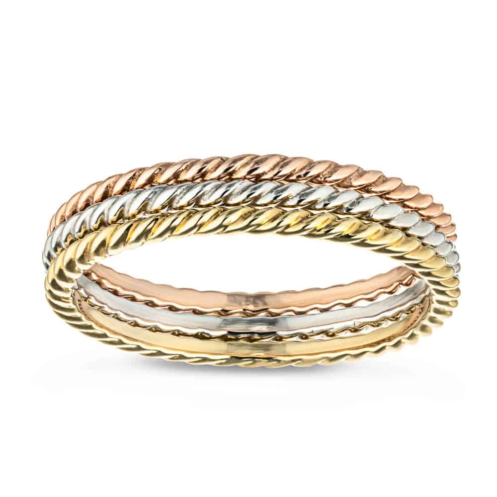 Stackable rope style rings in recycled 10K rose gold, 10K yellow gold and 10K white gold, can be purchased as a set for a discounted price | Stackable rope style ring recycled 10K rose gold 10k yellow gold 10k white gold