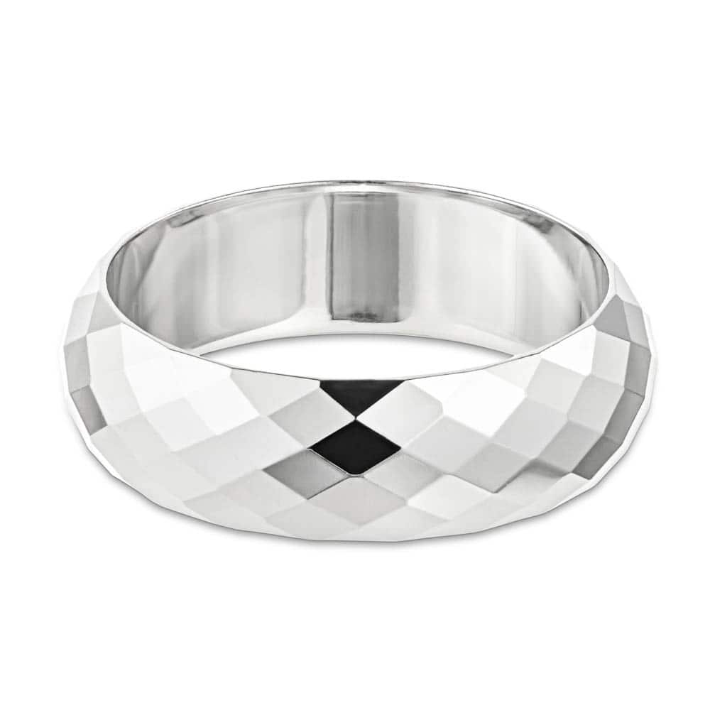 Mens Wedding Band with a diamond shaped carved design with rounded edges for comfort in recycled 14K white gold 