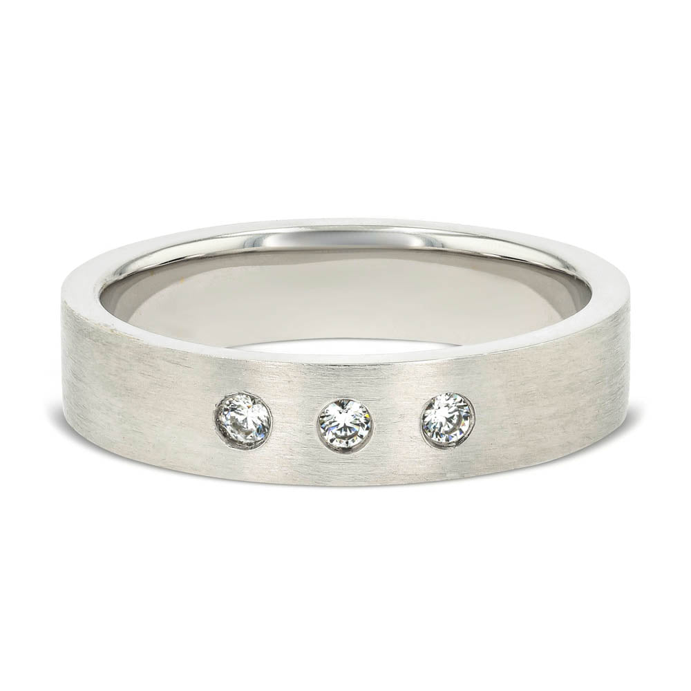 Shown in 14K White Gold with a Satin Finish|lab grown diamond accented band in 14k white gold metal with satin finish