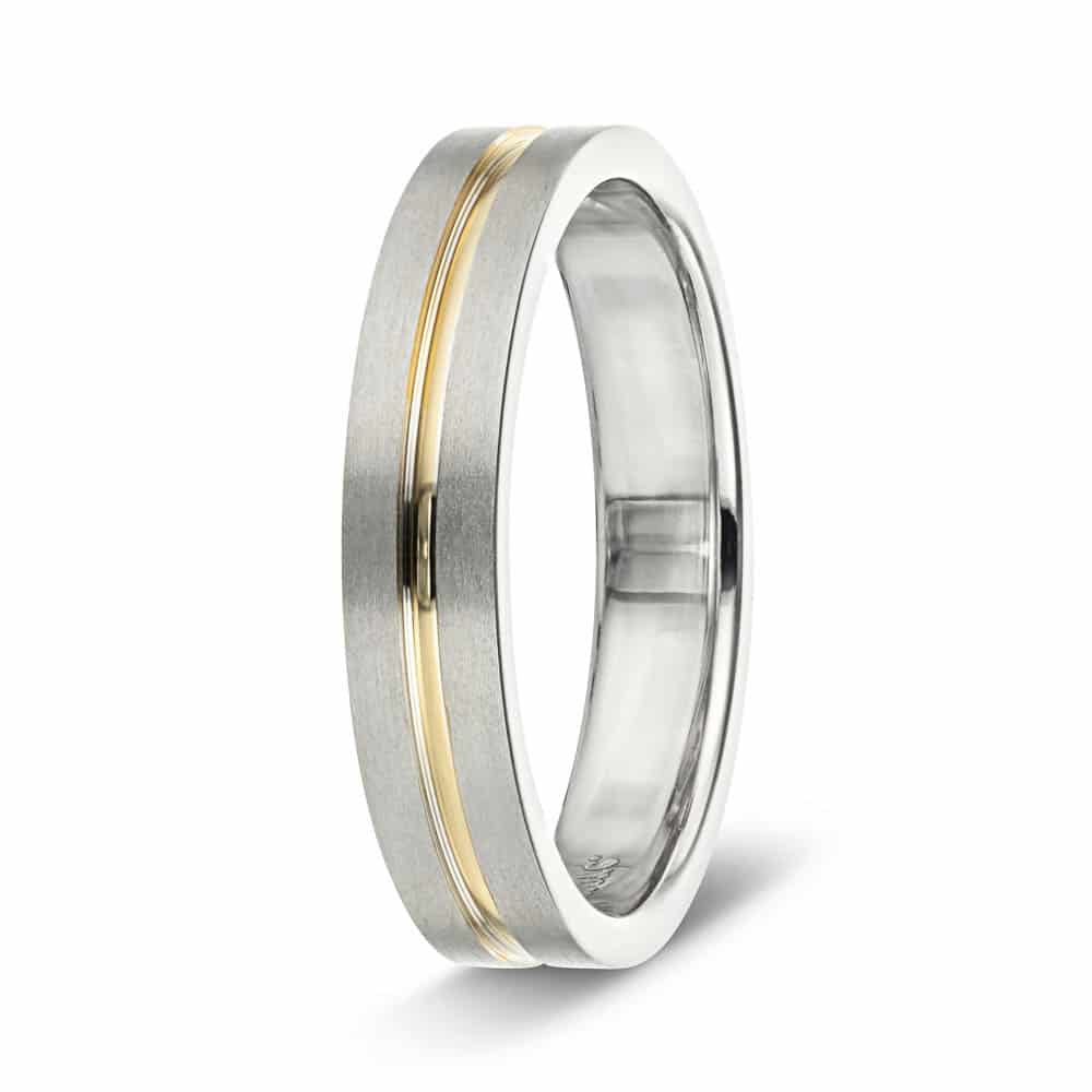 Mens Wedding Band in satin finish made with recycled 14K white gold and 14K yellow gold 