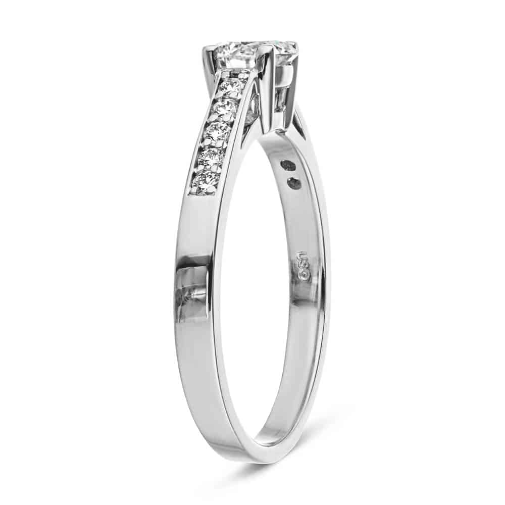 Shown with 0.5ct Round Cut Lab Grown Diamond in 14k White Gold|Unique modern style channel set diamond accented engagement ring with half carat round cut lab grown diamond in 14k white gold setting