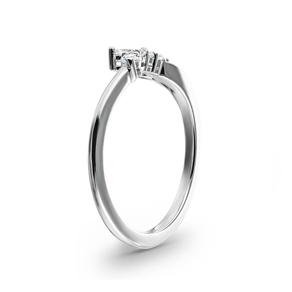 Shown in 14k White Gold|Unique diamond accented nature inspired wedding band with asymmetrical design with accenting diamonds 