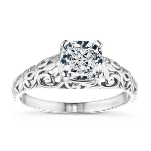 Antique style nature inspired engagement ring with 1ct cushion cut lab grown diamond in detailed 14k white gold band