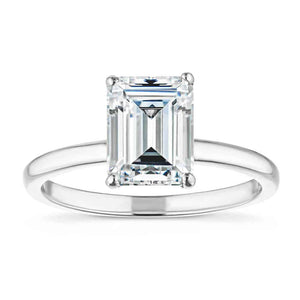 Beautiful traditional solitaire engagement ring with 2ct emerald cut lab grown diamond in platinum band