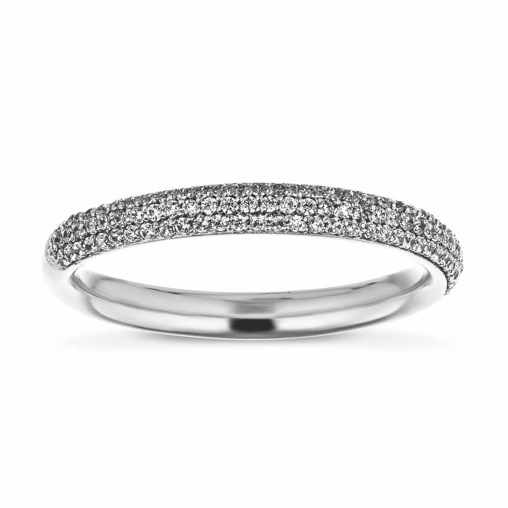 The Trinity Pavé Diamond Wedding band is accented with 0.20ctw recycled diamonds going halfway around the band, finished in recycled 14K white gold | Trinity Pavé Diamond Wedding band recycled diamonds recycled 14K white gold