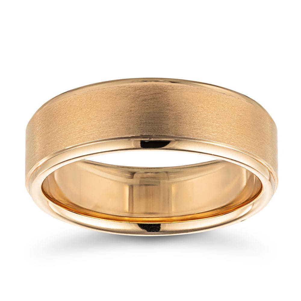 Tyler Marshall Men's Wedding Band shown in recycled 14K rose gold with a cross satin finish | Tyler Marshall men’s wedding band recycled 14K rose gold cross satin finish