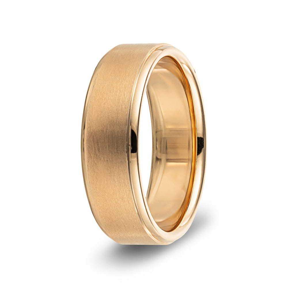 Tyler Marshall Men&#39;s Wedding Band shown in recycled 14K rose gold with a cross satin finish 
