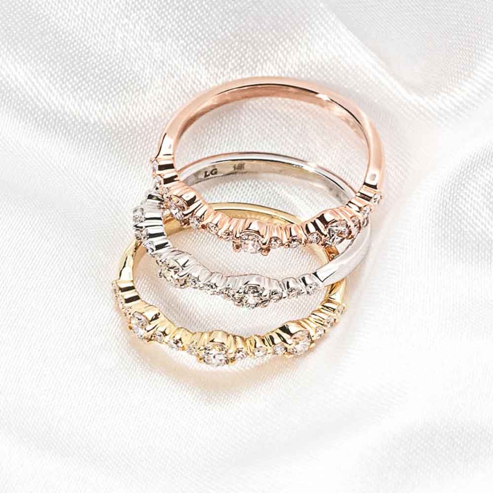 Lab-Grown Diamond accented band in recycled 14K white gold 14K yellow gold and 14K rose gold, can be purchased as a set for s discounted price | stackable fashion Lab-Grown Diamond accented band in recycled 14K white gold 14k yellow gold and 14k rose gold