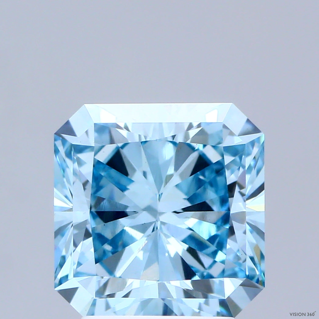 3.08 Carat Radiant Shaped, Ideal Cut, FANCY VIVID BLUE Color, VS1 Clarity, IGI Certified Lab Grown Diamond